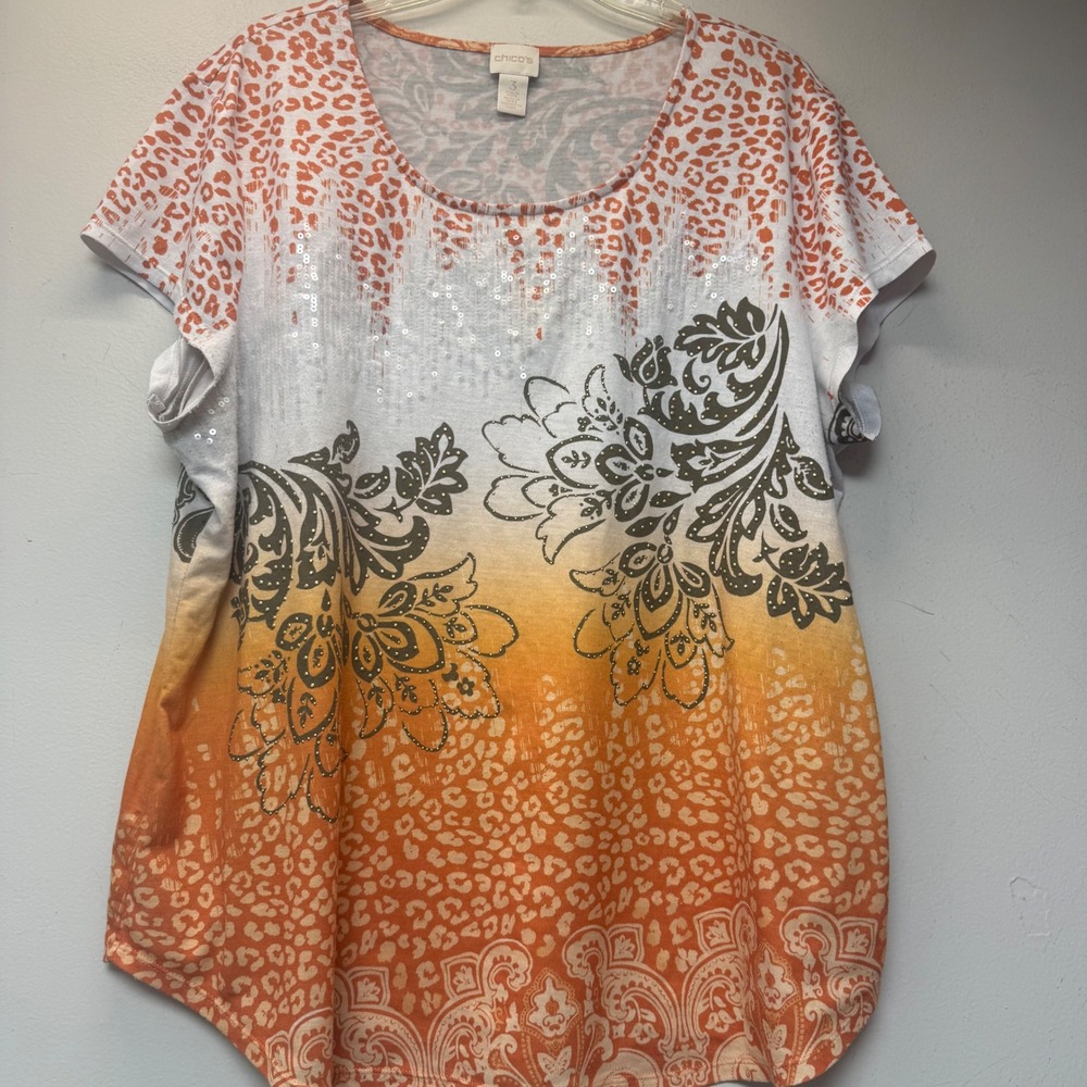 Chico's Short Sleeve Top Women 3 XL Orange White Excellent Sequin Ombre Leopard